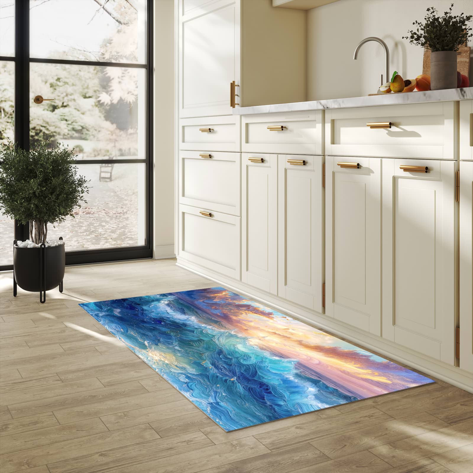Hygienischer rutschfester Küchenteppich mit Motiv Wellen und Himmel in heller Küche