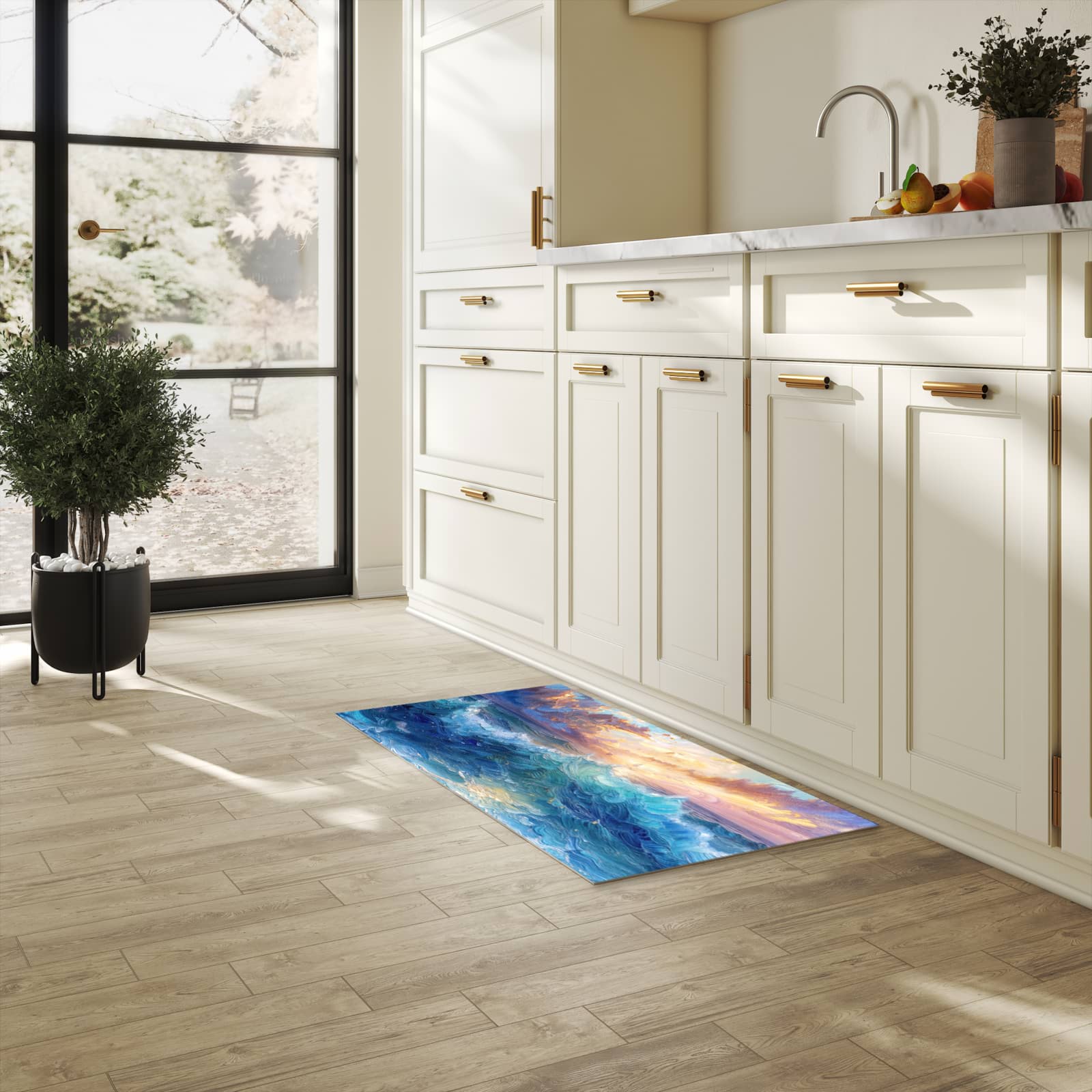 Wasserabweisender Teppichläufer mit Motiv Wellen und Himmel in heller Küche