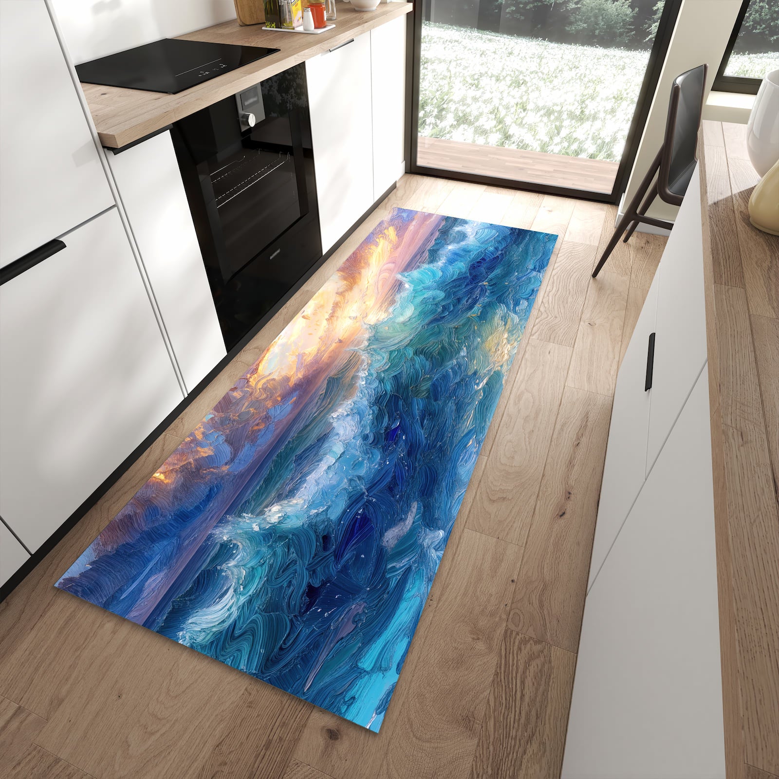 Feuchtigkeitsresistenter waschbarer Küchenläufer mit Motiv Wellen und Himmel in moderner Küche