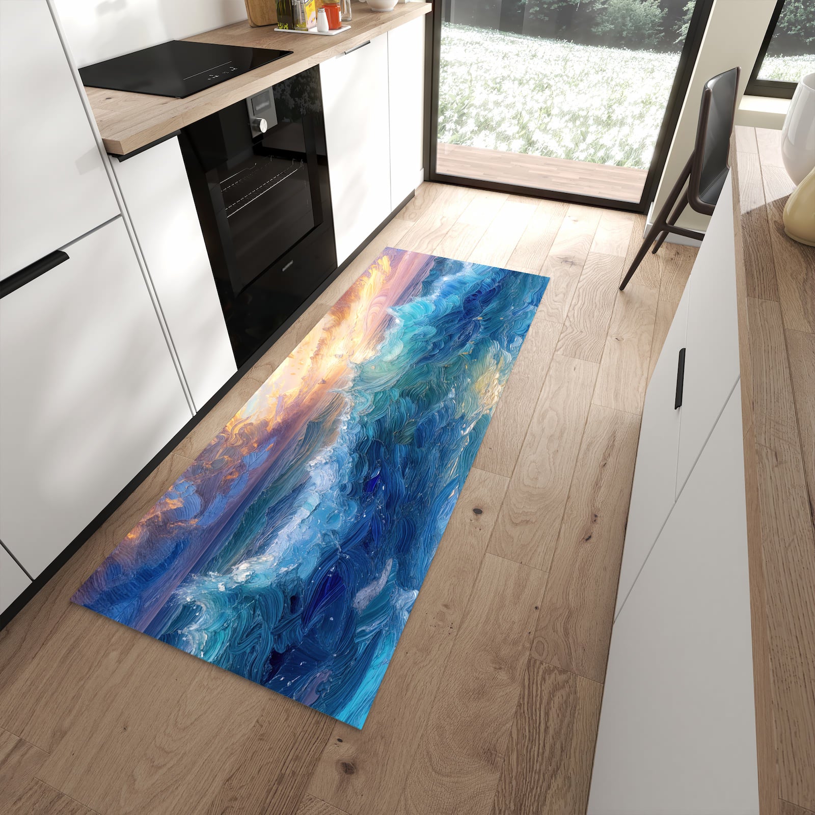 Hygienischer Küchenläufer mit Motiv Wellen und Himmel in moderner Küche