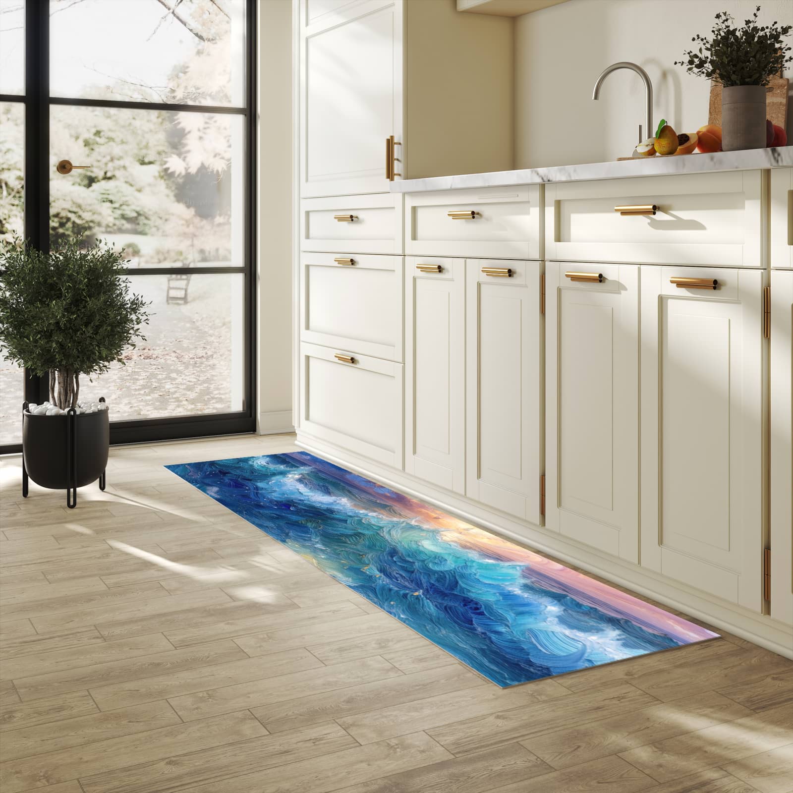 Geruchsneutraler langer Teppich mit Motiv Wellen und Himmel in heller Küche