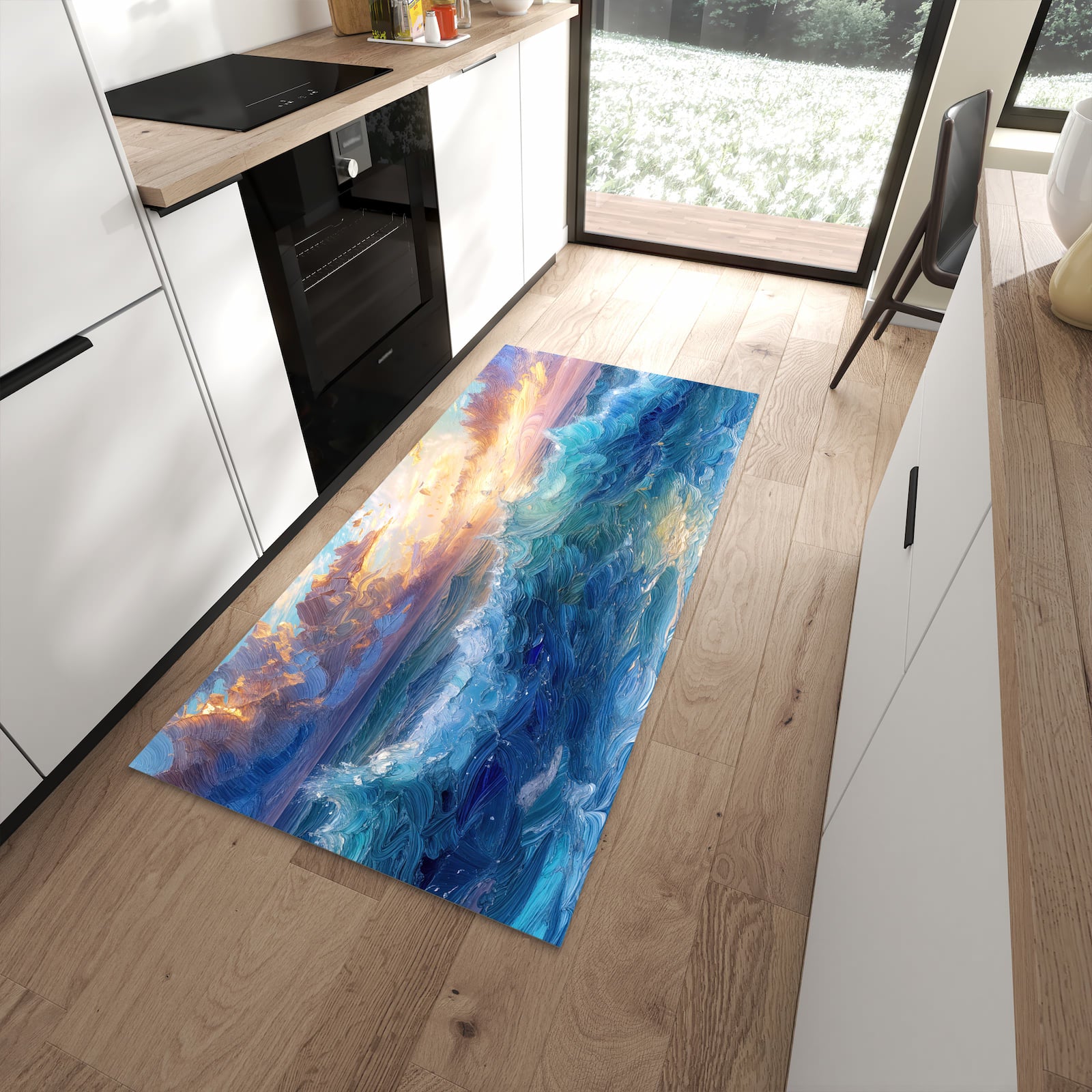Rutschfester Küchenläufer mit Motiv Wellen und Himmel in moderner Küche