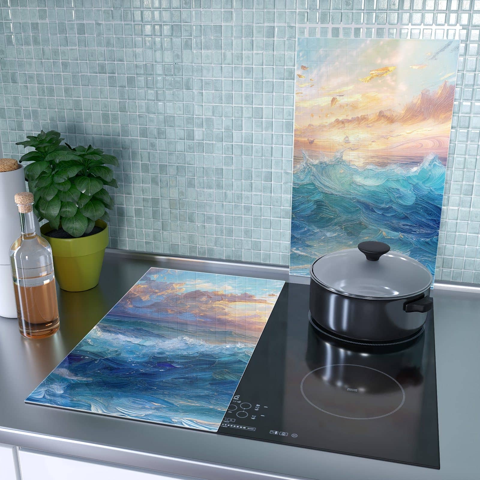 2-teilige Herdabdeckplatte für Ceranfeld mit Wellen und Himmel-Motiv als Spritzschutz hinter dem Kochfeld