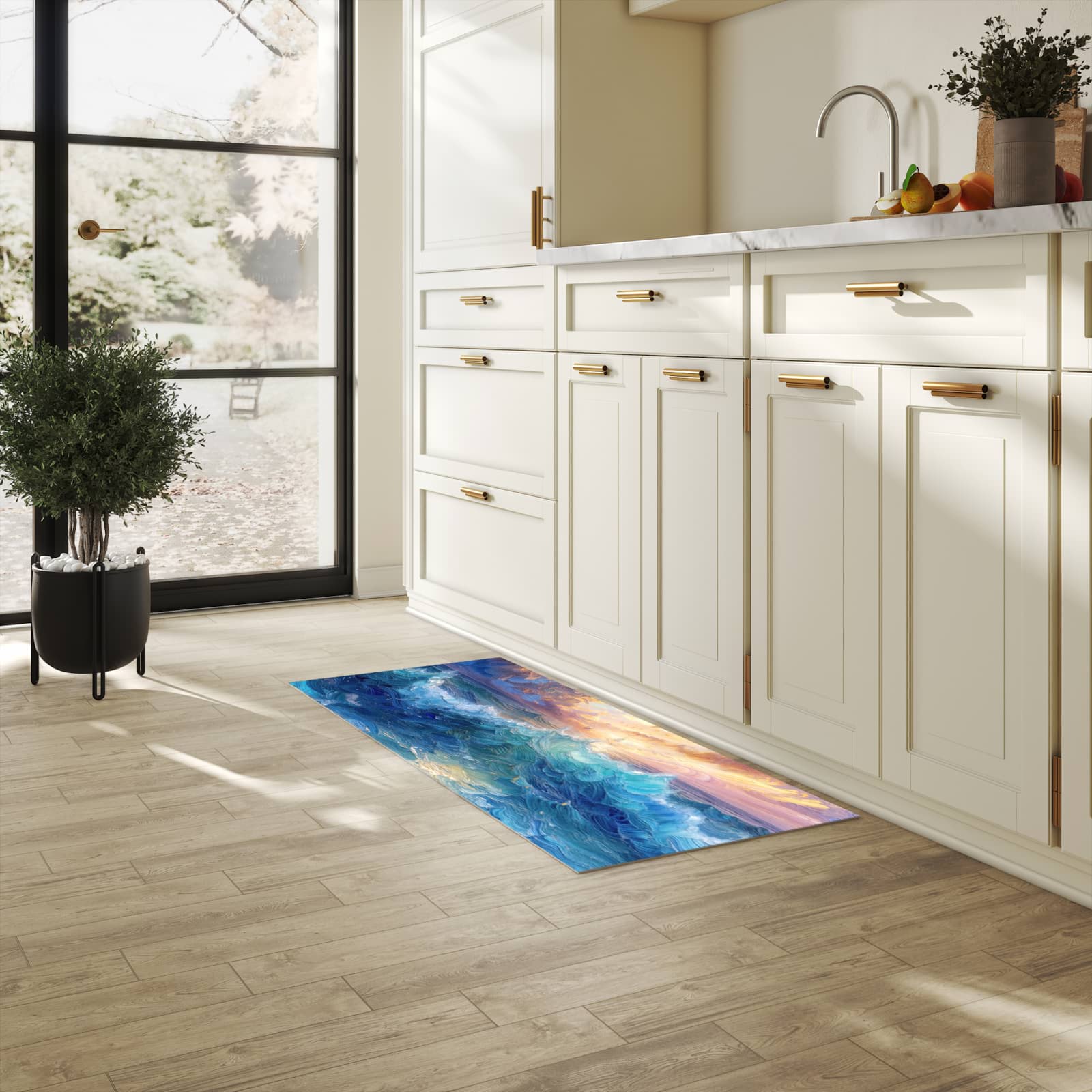 Fleckenresistenter waschbarer Läufer mit Motiv Wellen und Himmel in heller Küche