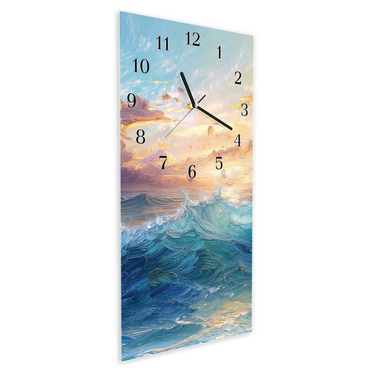 Vormontiert – mit Schwebeeffekt – Wanduhr Wellen und Himmel aus Glas – Hochformat 30 × 60 cm