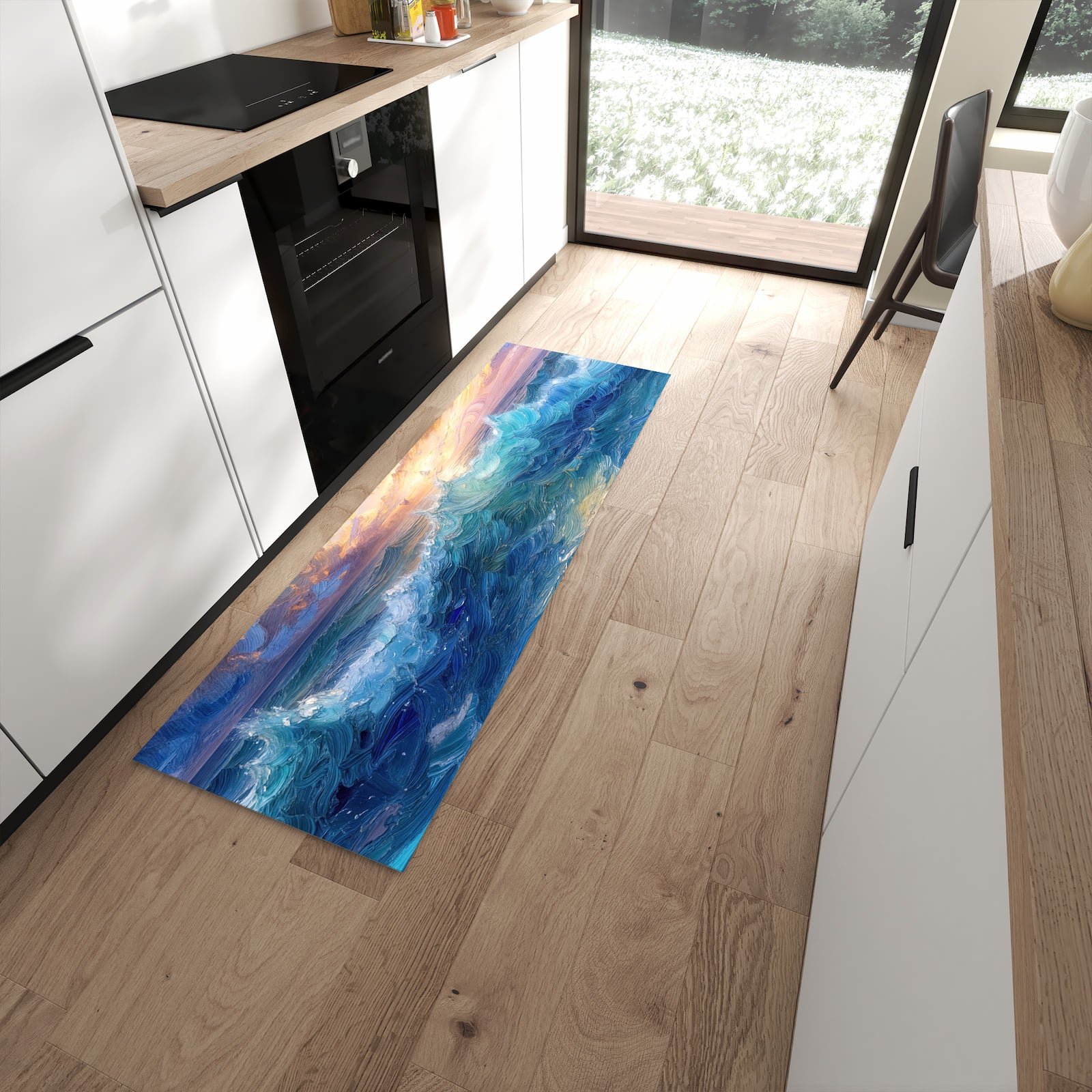 Pflegeleichter waschbarer Küchenteppich mit Motiv Wellen und Himmel in moderner Küche