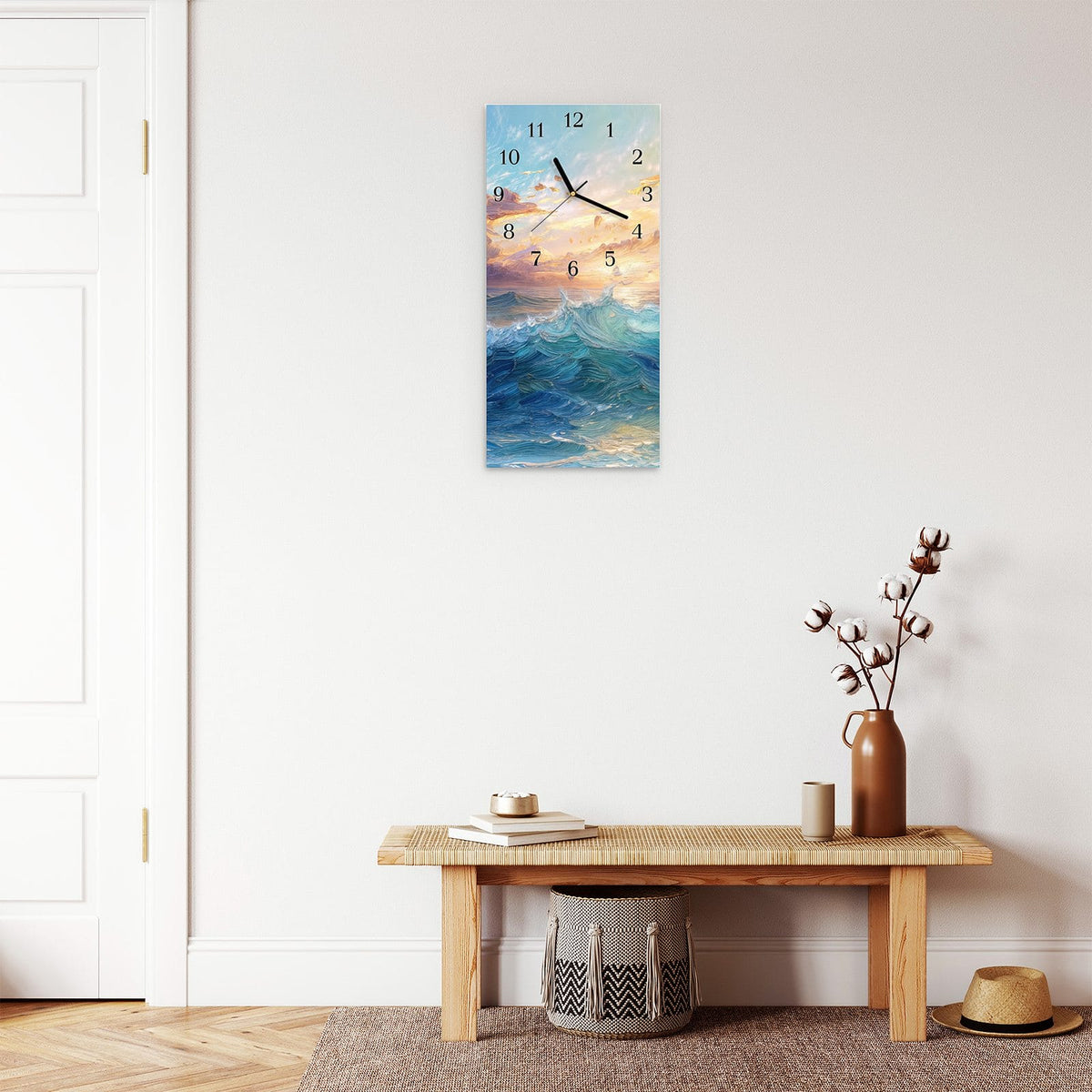 Moderne Wanduhr aus Glas mit Farbtiefe – Wanduhr Wellen und Himmel aus Glas – Hochformat 30 × 60 cm