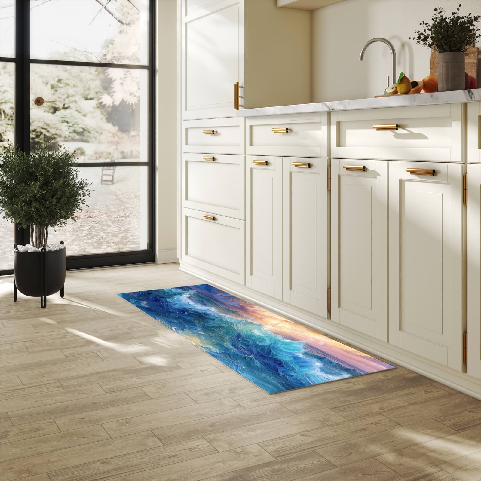Schmutzabweisender waschbarer Küchenläufer mit Motiv Wellen und Himmel in heller Küche