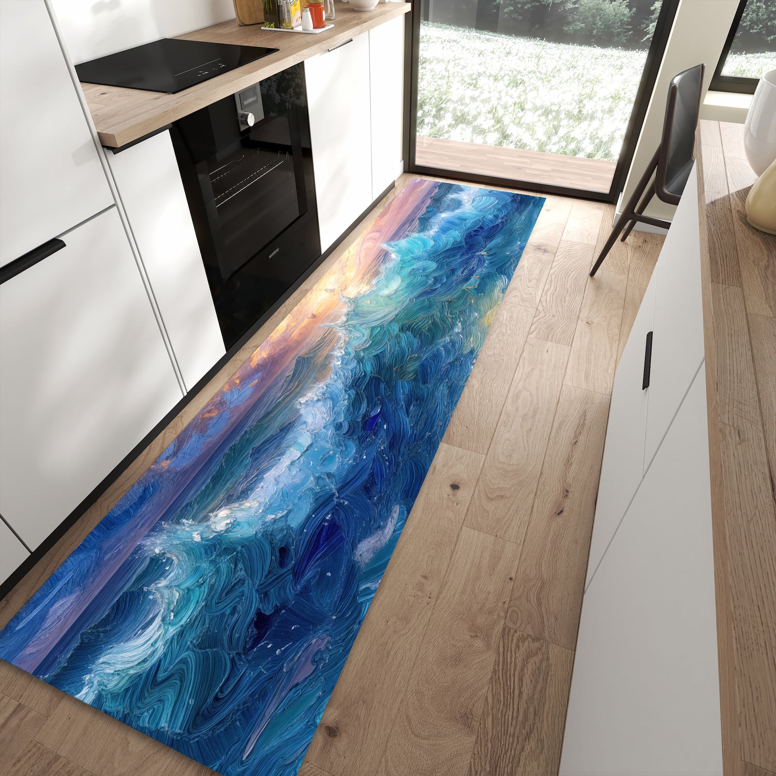 Langlebiger rutschfester Küchenläufer mit Motiv Wellen und Himmel in moderner Küche