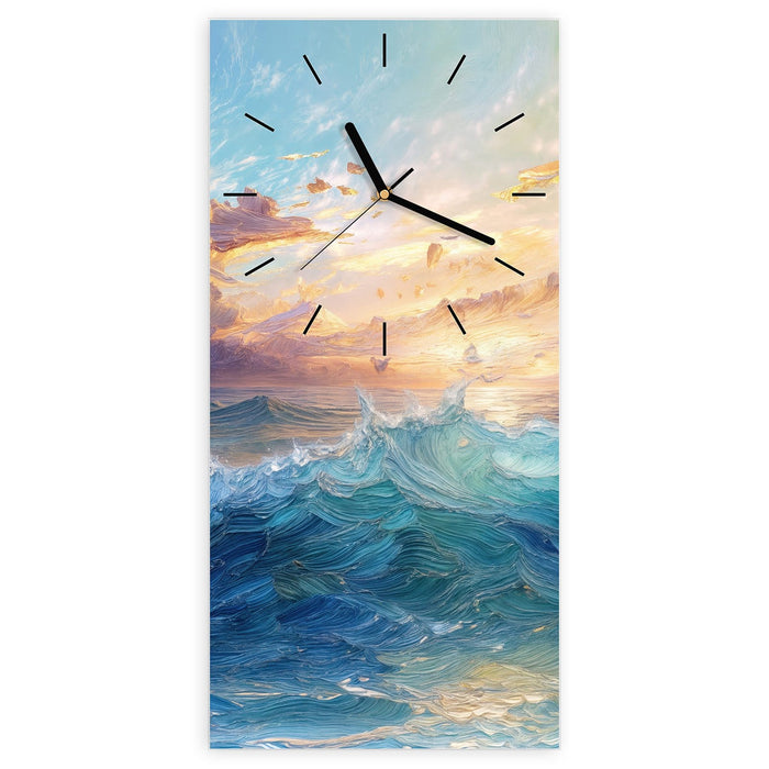 Wanduhr Wellen und Himmel aus Glas – Hochformat 30 × 60 cm mit Ziffernblatt Linie