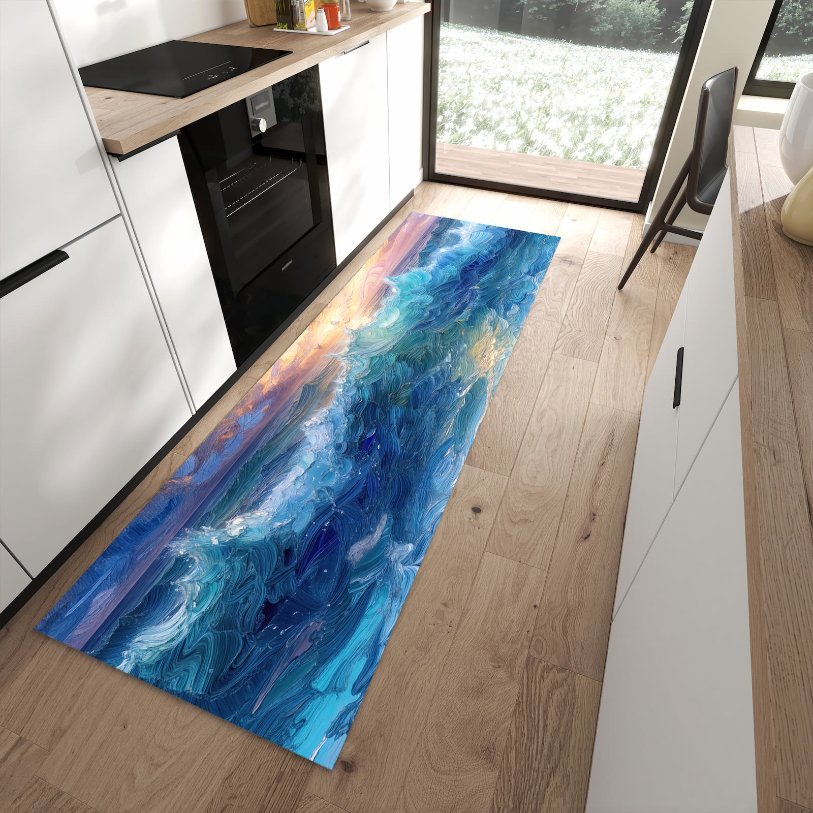 Strapazierfähiger Küchenläufer mit Motiv Wellen und Himmel in moderner Küche