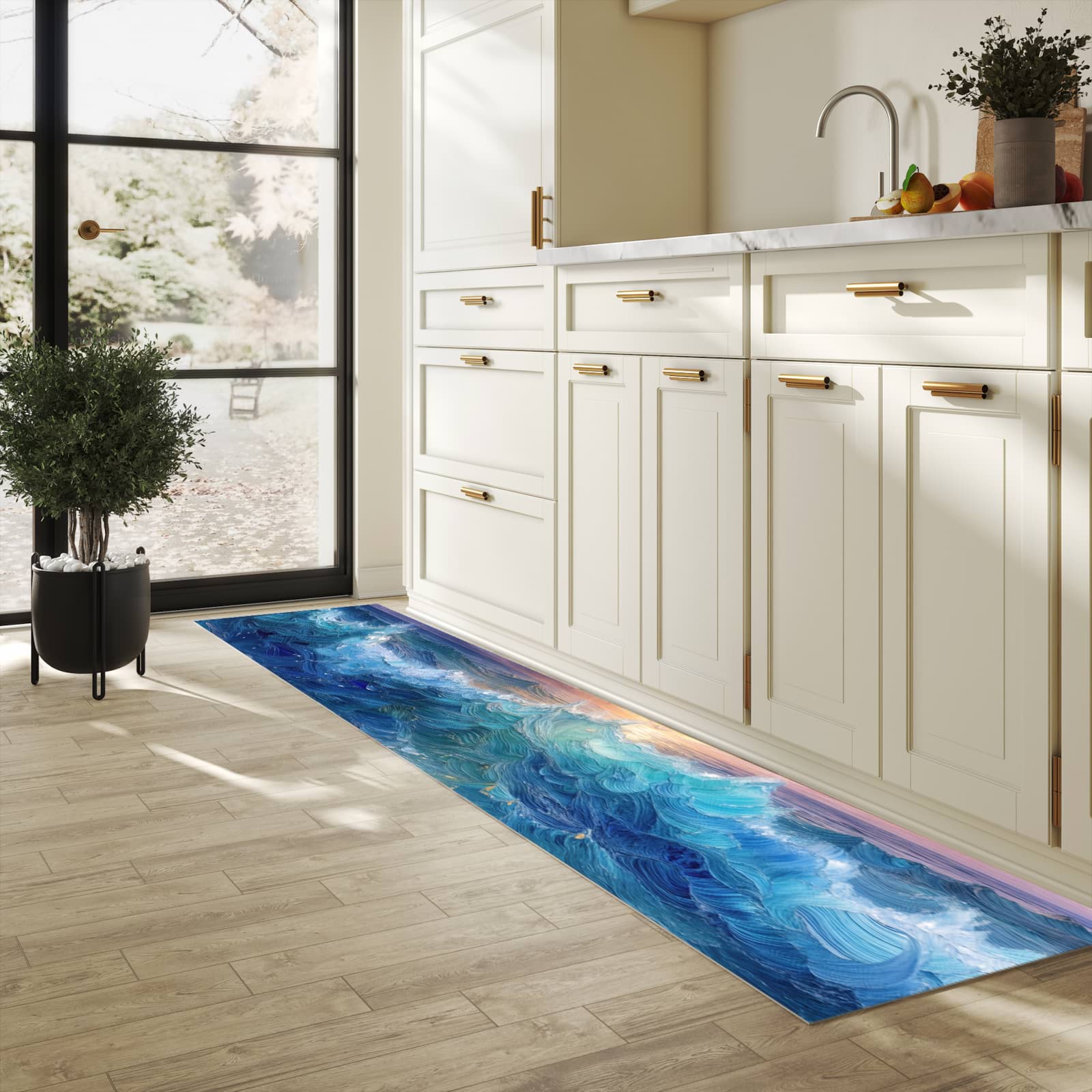 Flacher Läufer mit Motiv Wellen und Himmel für rutschfesten Halt in heller Küche