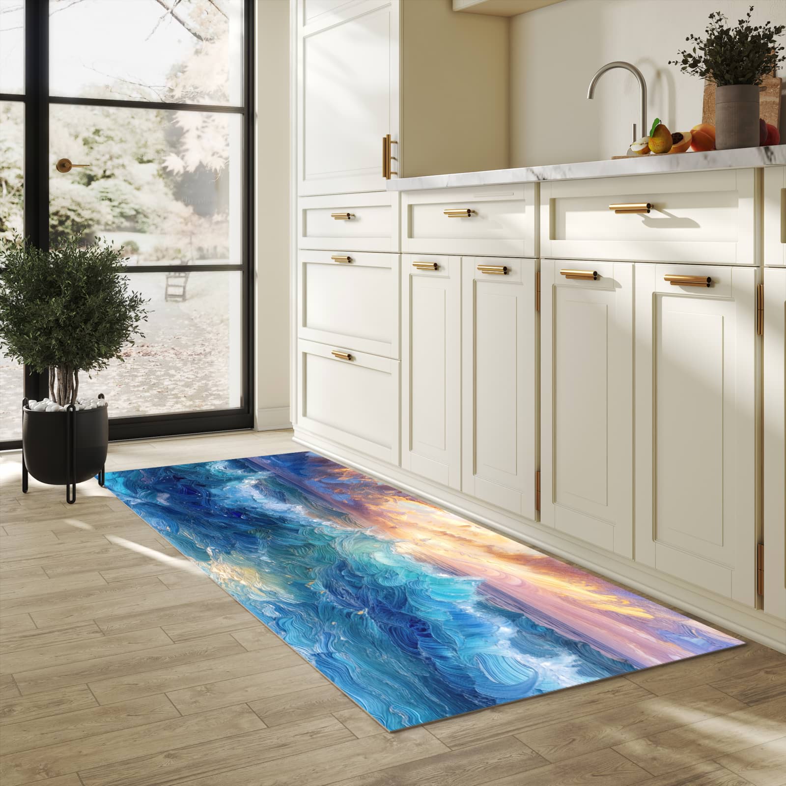 Strapazierfähiger Bodenläufer mit Motiv Wellen und Himmel in heller Küche