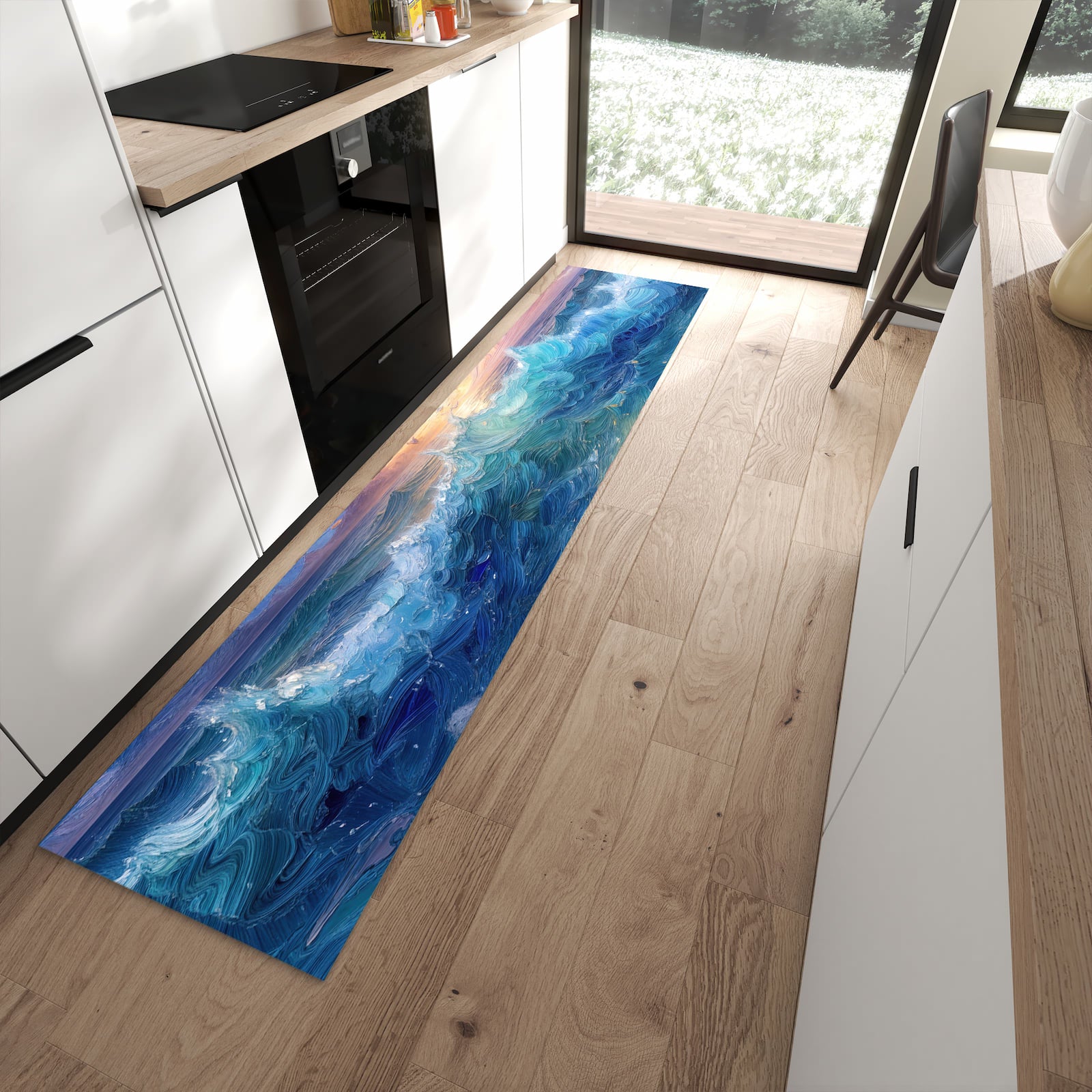 Rutschfester Küchenteppich mit Motiv Wellen und Himmel in moderner Küche