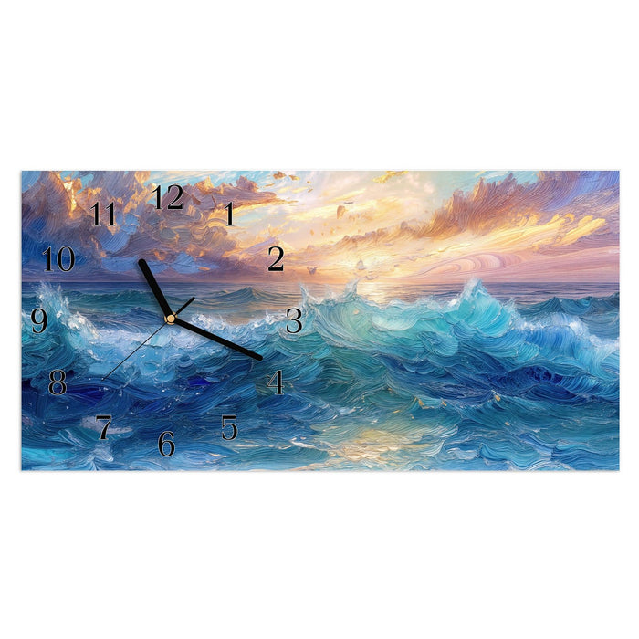 Wanduhr Wellen und Himmel aus Glas – Querformat 60 × 30 cm mit Ziffernblatt Klassisch