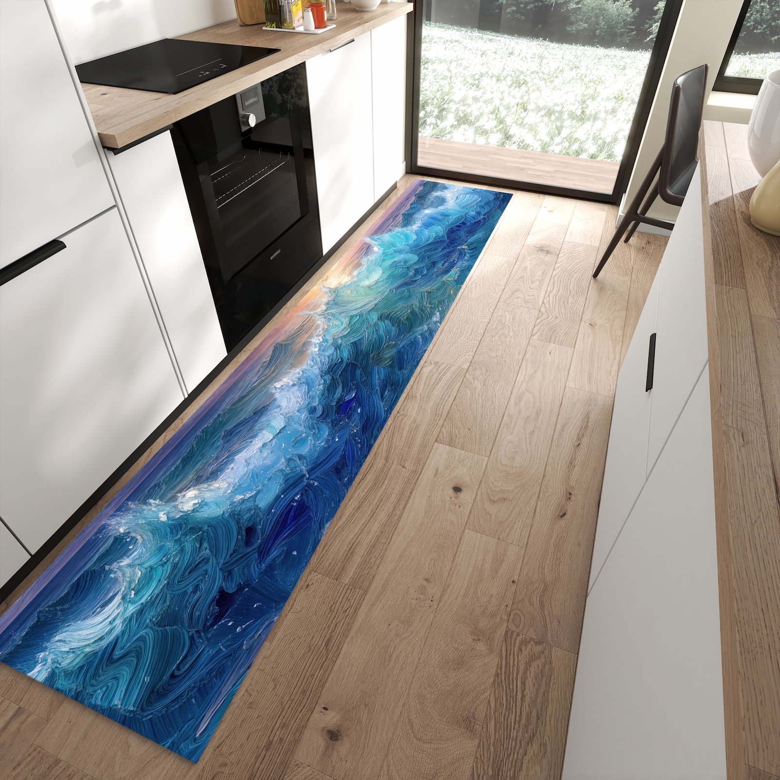 Waschbarer Küchenteppich mit Motiv Wellen und Himmel in moderner Küche