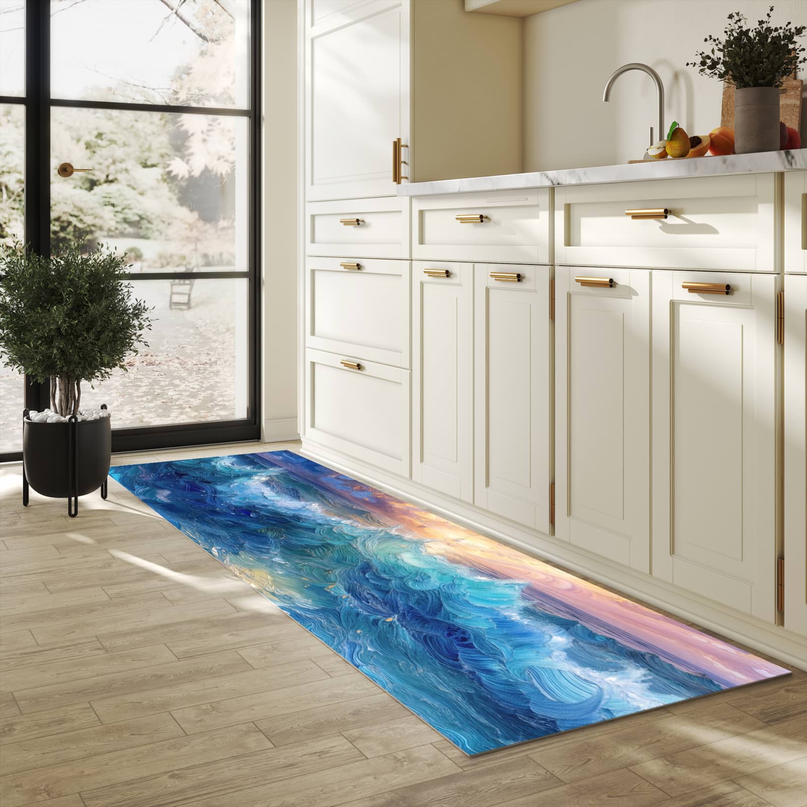 Waschbarer Teppich fürs Esszimmer mit Motiv Wellen und Himmel in heller Küche