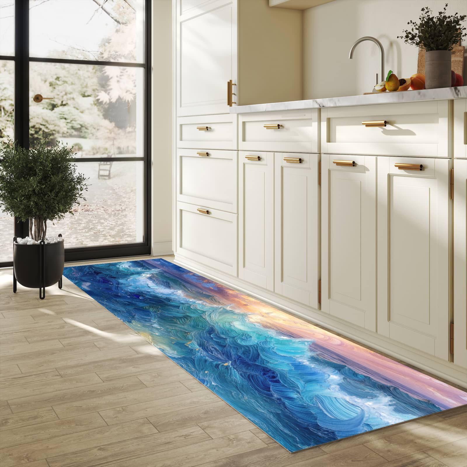 Küchenteppich mit angenehmer Haptik und Motiv Wellen und Himmel in heller Küche, waschbar