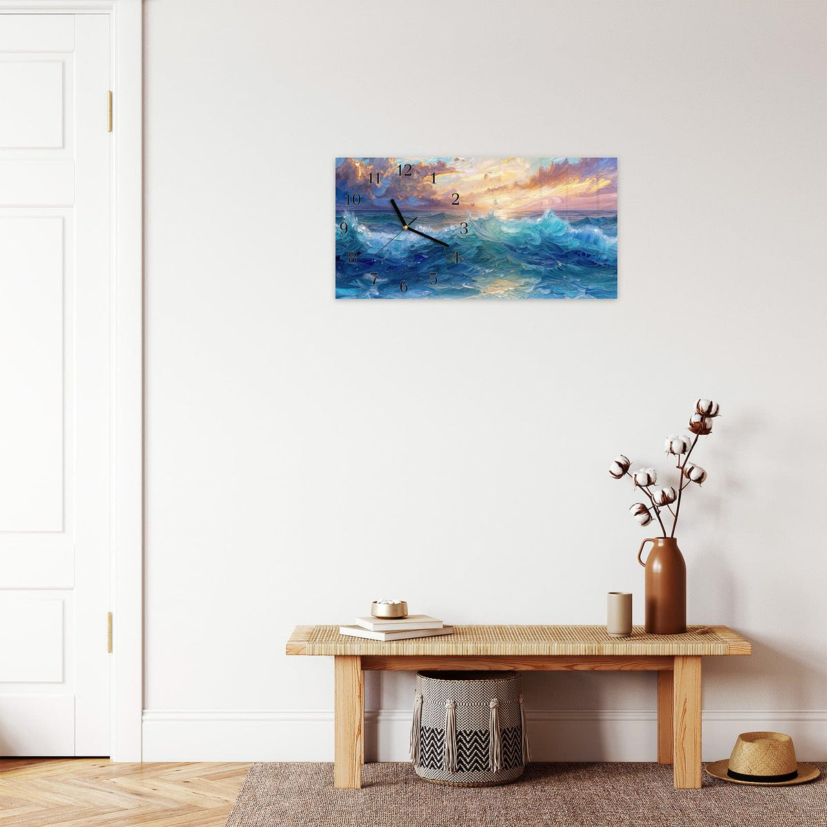 Moderne Wanduhr aus Glas mit Farbtiefe – Wanduhr Wellen und Himmel aus Glas – Querformat 60 × 30 cm