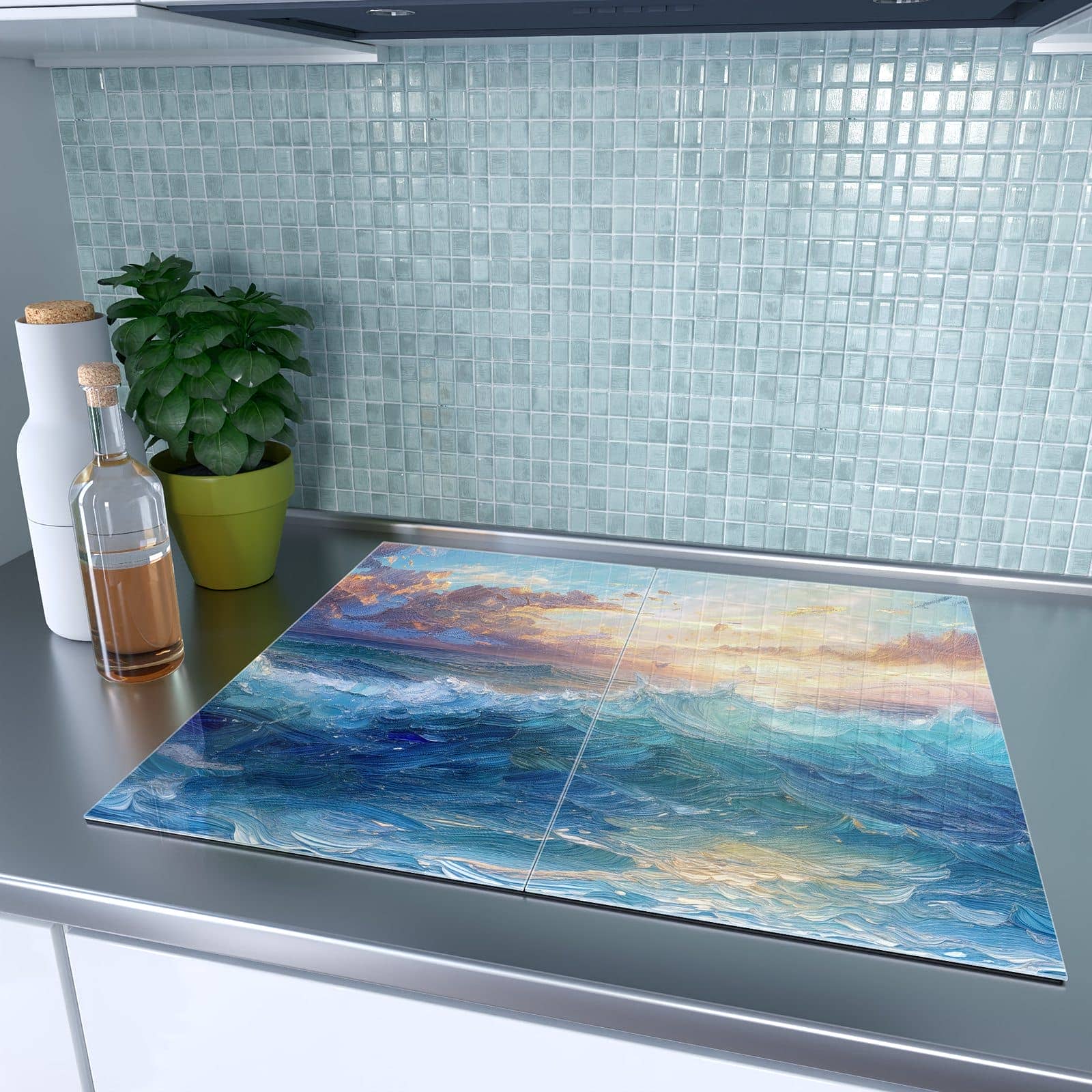 2-teilige Abdeckplatten für Herd mit Wellen und Himmel-Motiv auf dem Ceranfeld