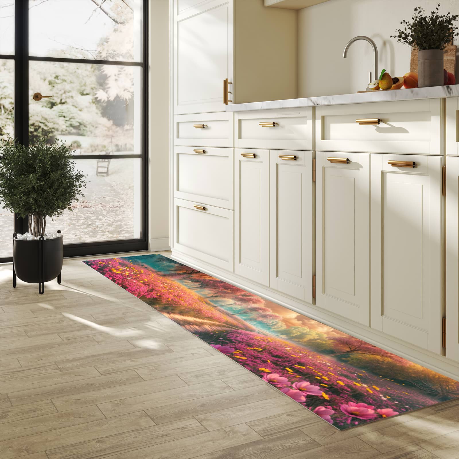Farbbeständiger Läufer für die Küche mit Motiv Blühender Weg in heller Küche