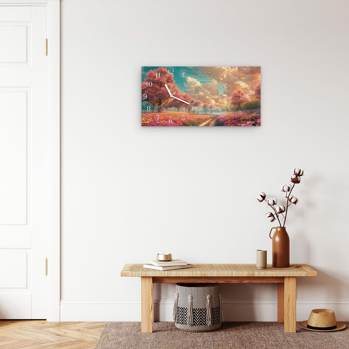 Moderne Wanduhr aus Glas mit Farbtiefe – Wanduhr Blühender Weg aus Glas – Querformat 60 × 30 cm