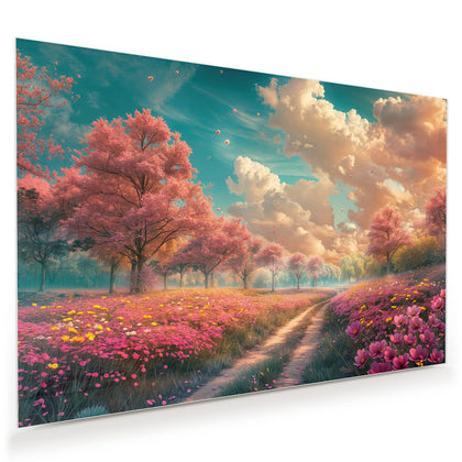 Wandbild mit dem Motiv Pfad durch Blütenfeld
