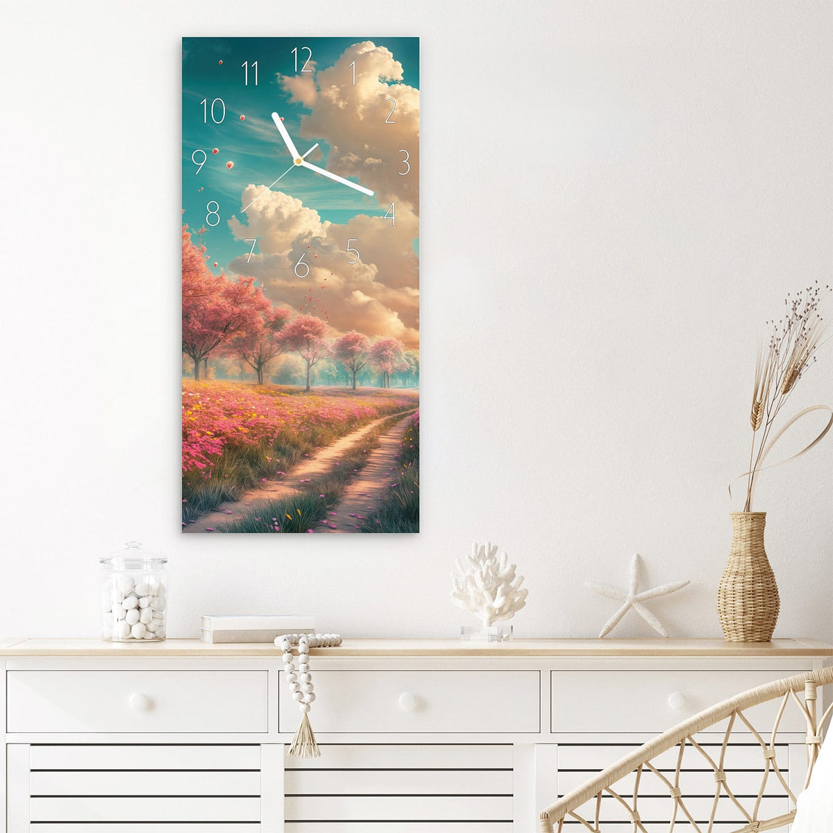Wanduhr Blühender Weg aus Glas – Hochformat 30 × 60 cm – Weg durch rosa Blütenbäume