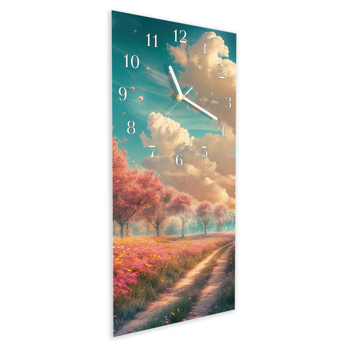 Vormontiert – mit Schwebeeffekt – Wanduhr Blühender Weg aus Glas – Hochformat 30 × 60 cm
