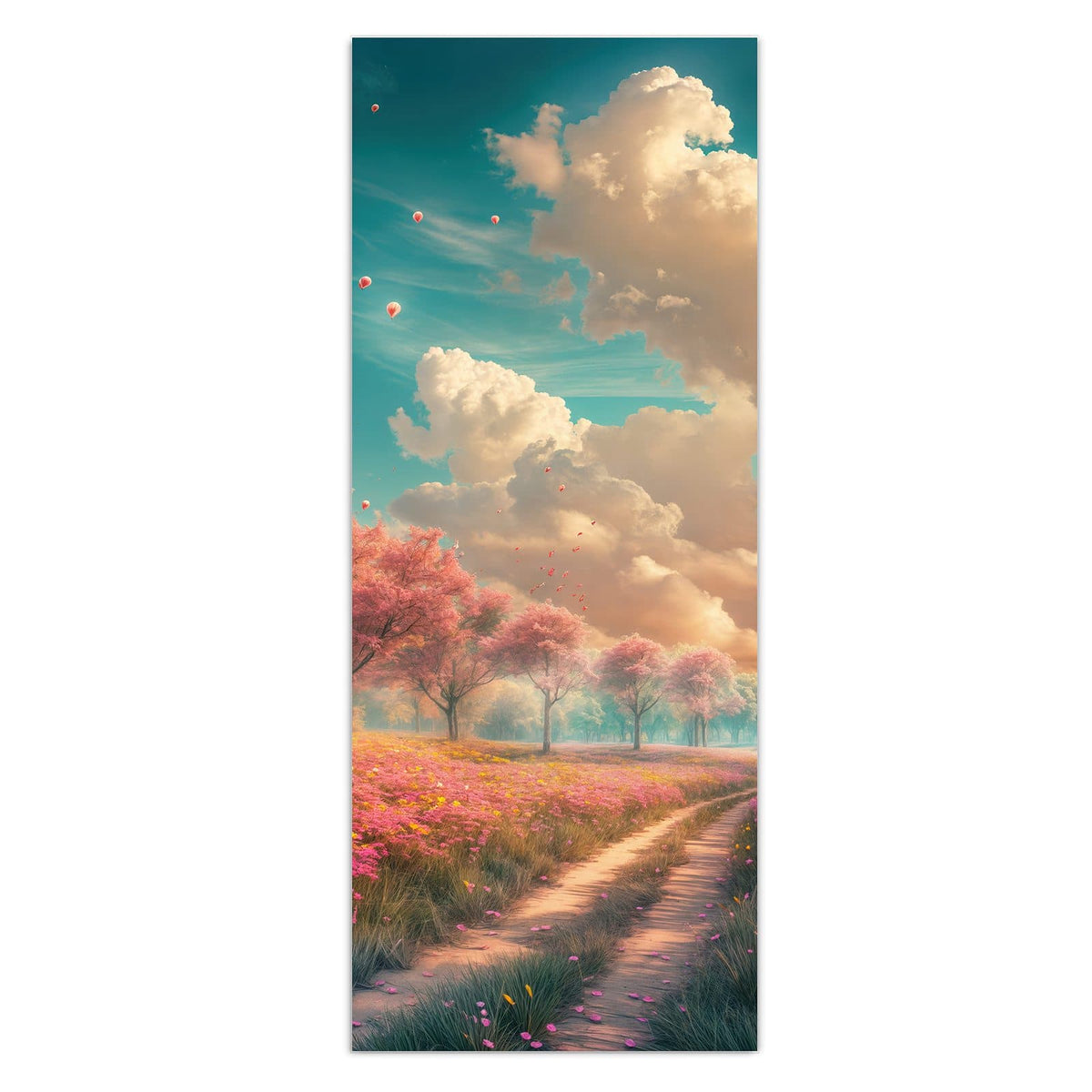 Erdweg durch eine rosa Blumenwiese, links und rechts blühende Bäume unter Wolkenhimmel