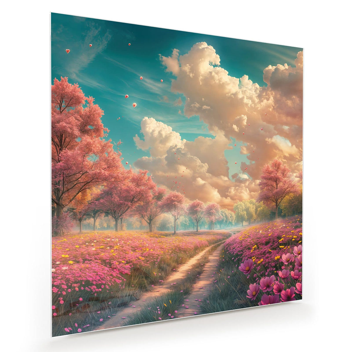 Erdweg durch eine rosa Blumenwiese, links und rechts blühende Bäume unter Wolkenhimmel