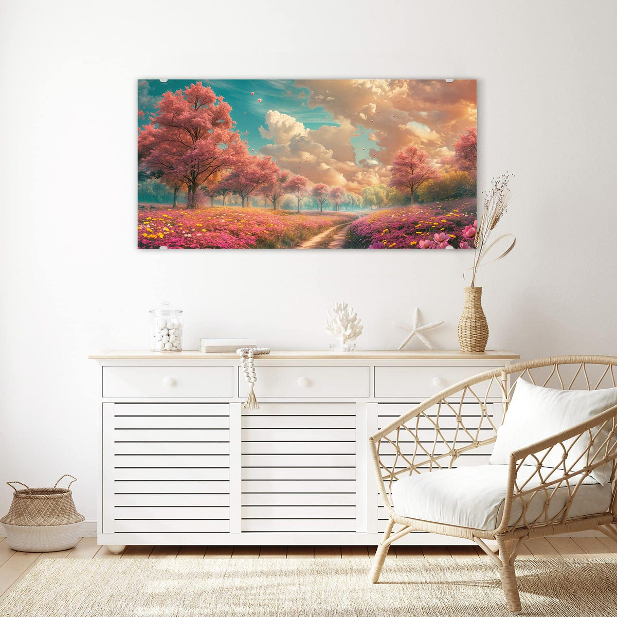 Echtglas, 4 mm – kein Acryl, keine Folie – Wandbild - Pfad durch Blütenfeld - Querformat