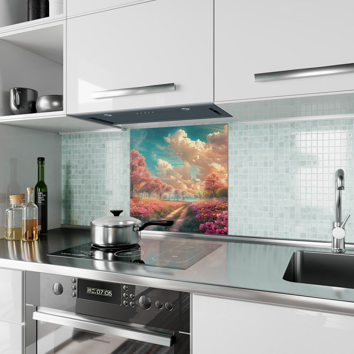 Küchenrückwand Pfad durch Blütenfeld aus Glas – Weg durch rosa Blütenbäume