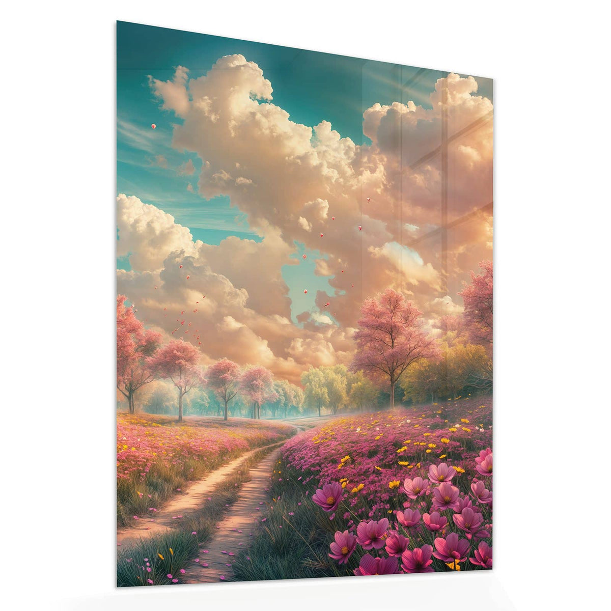 Echtglas, 4 mm – kein Acryl, keine Folie – Wandbild - Pfad durch Blütenfeld - Hochformat