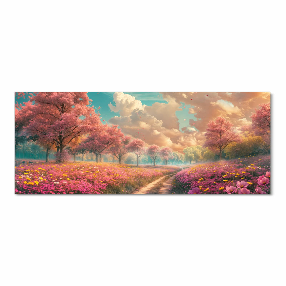 Erdweg durch eine rosa Blumenwiese, links und rechts blühende Bäume unter Wolkenhimmel