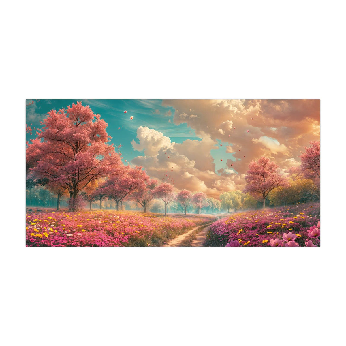 Küchenrückwand aus Glas Pfad durch Blütenfeld im Hochformat, Motiv bildfüllend von vorn