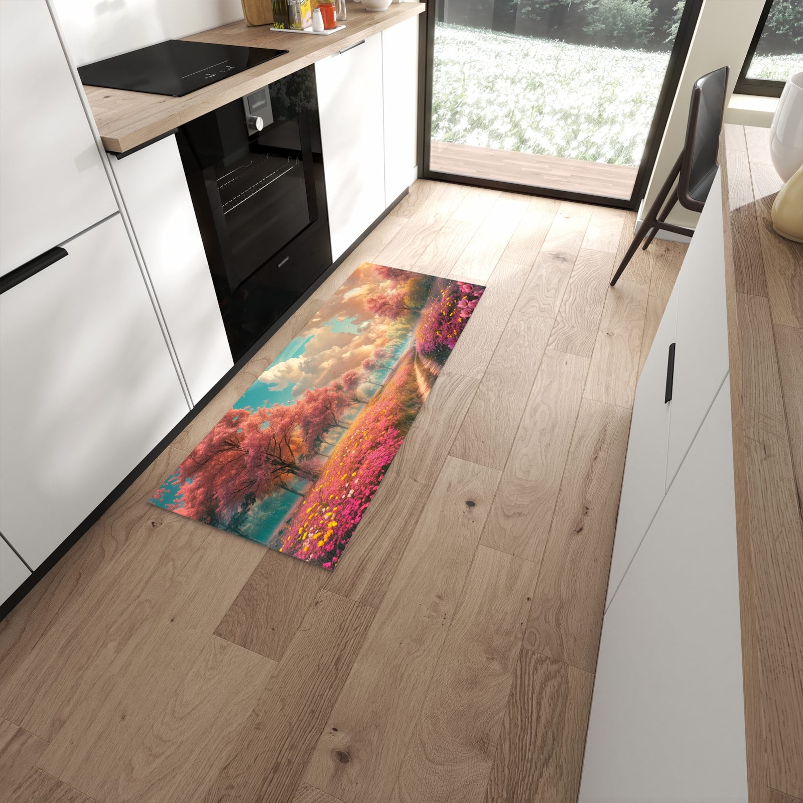Farbbeständiger dünner Teppich mit Motiv Blühender Weg in moderner Küche #grösse_60 x 150 cm