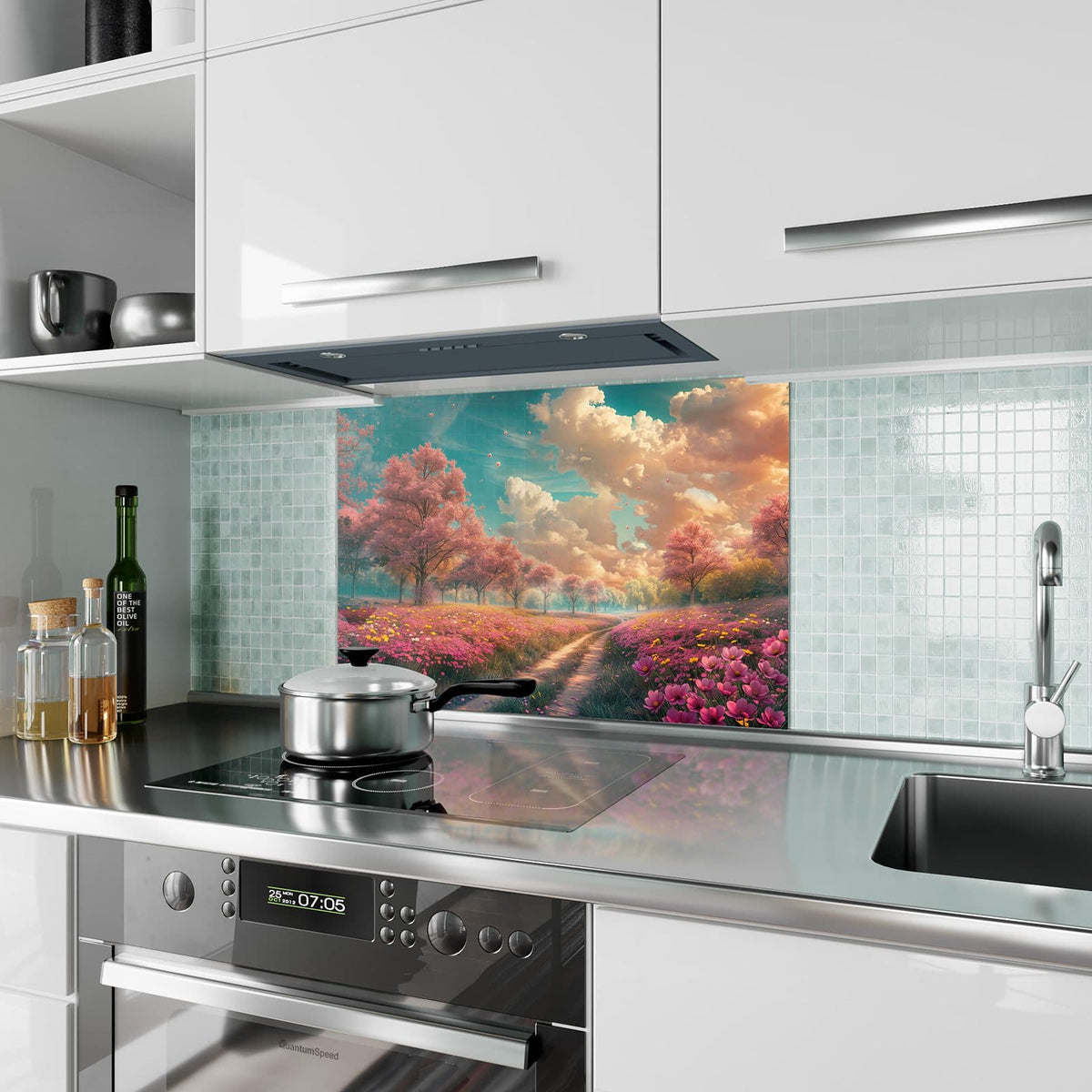 Küchenrückwand aus Glas Pfad durch Blütenfeld im Hochformat als Spritzschutz hinter dem Kochfeld, über dem Fliesenspiegel montiert