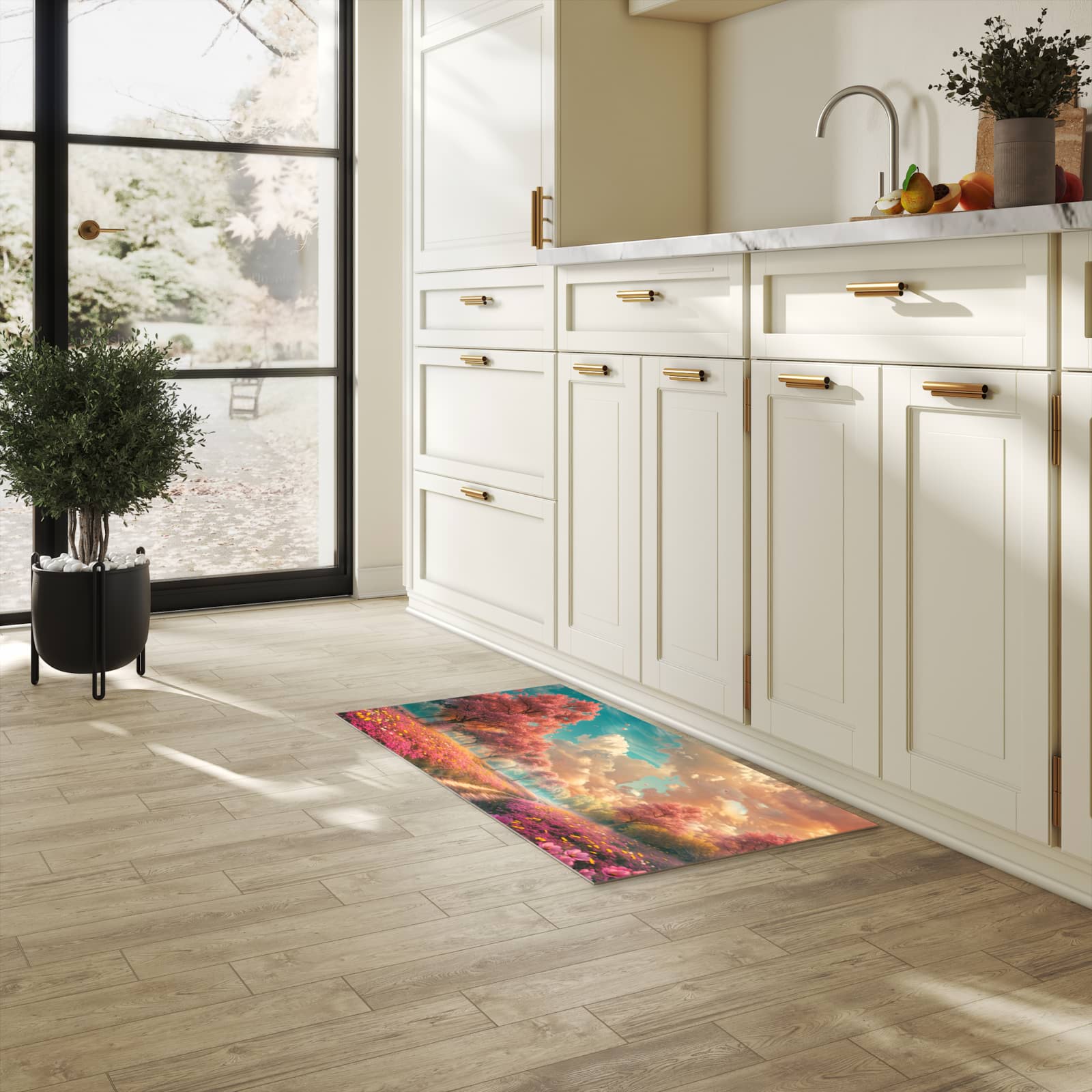 Rutschfester Küchenteppich mit Motiv Blühender Weg in heller Küche
