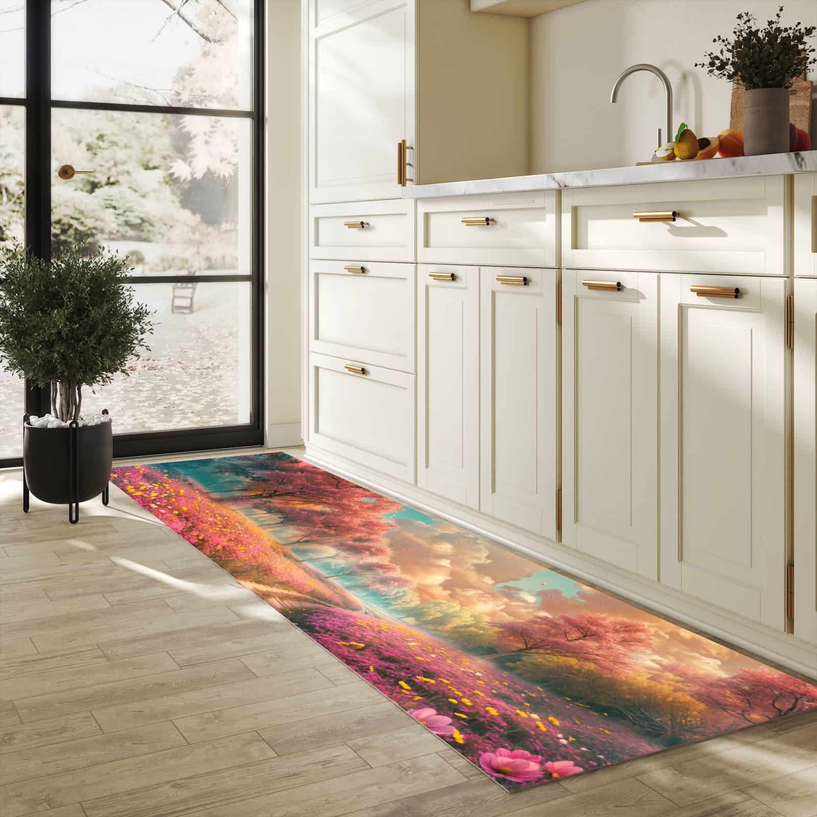 Abriebfester waschbarer Teppich Küche mit Motiv Blühender Weg in heller Küche