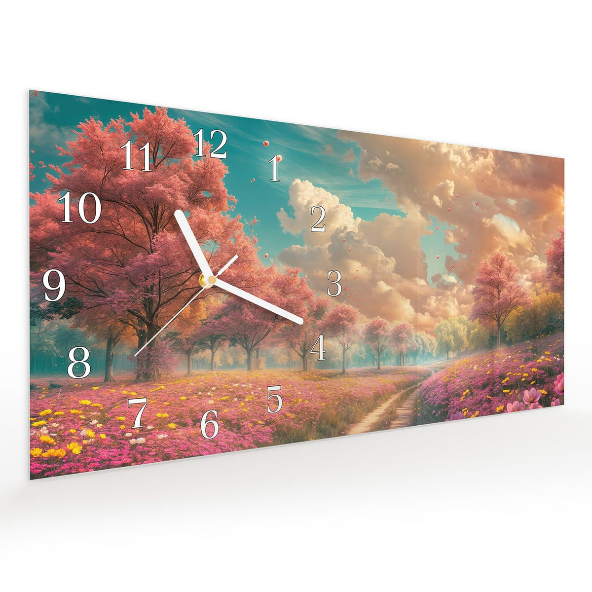 Vormontiert – mit Schwebeeffekt – Wanduhr Blühender Weg aus Glas – Querformat 60 × 30 cm
