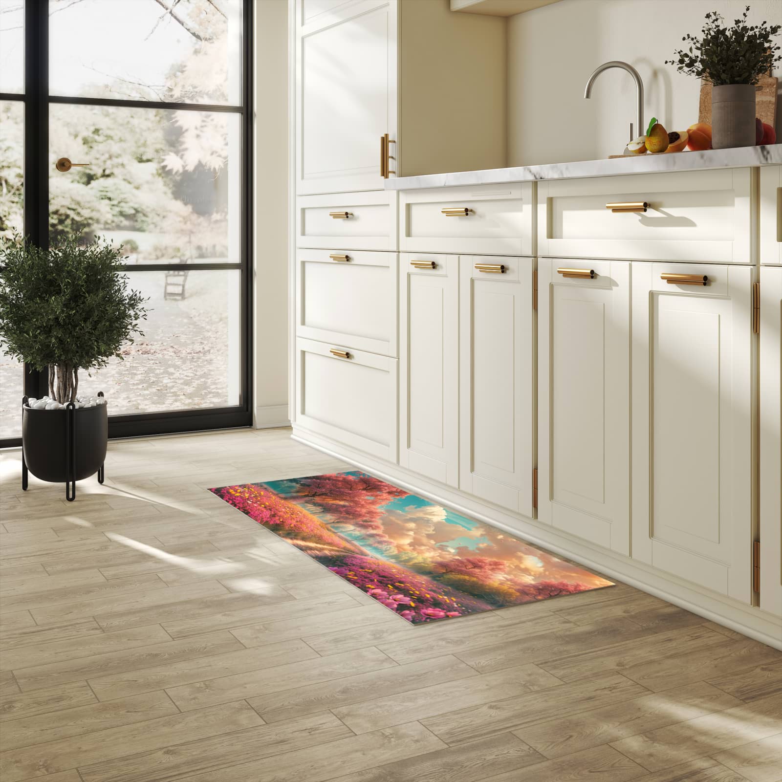 Feuchtigkeitsresistenter Teppich für die Küche mit Motiv Blühender Weg in heller Küche