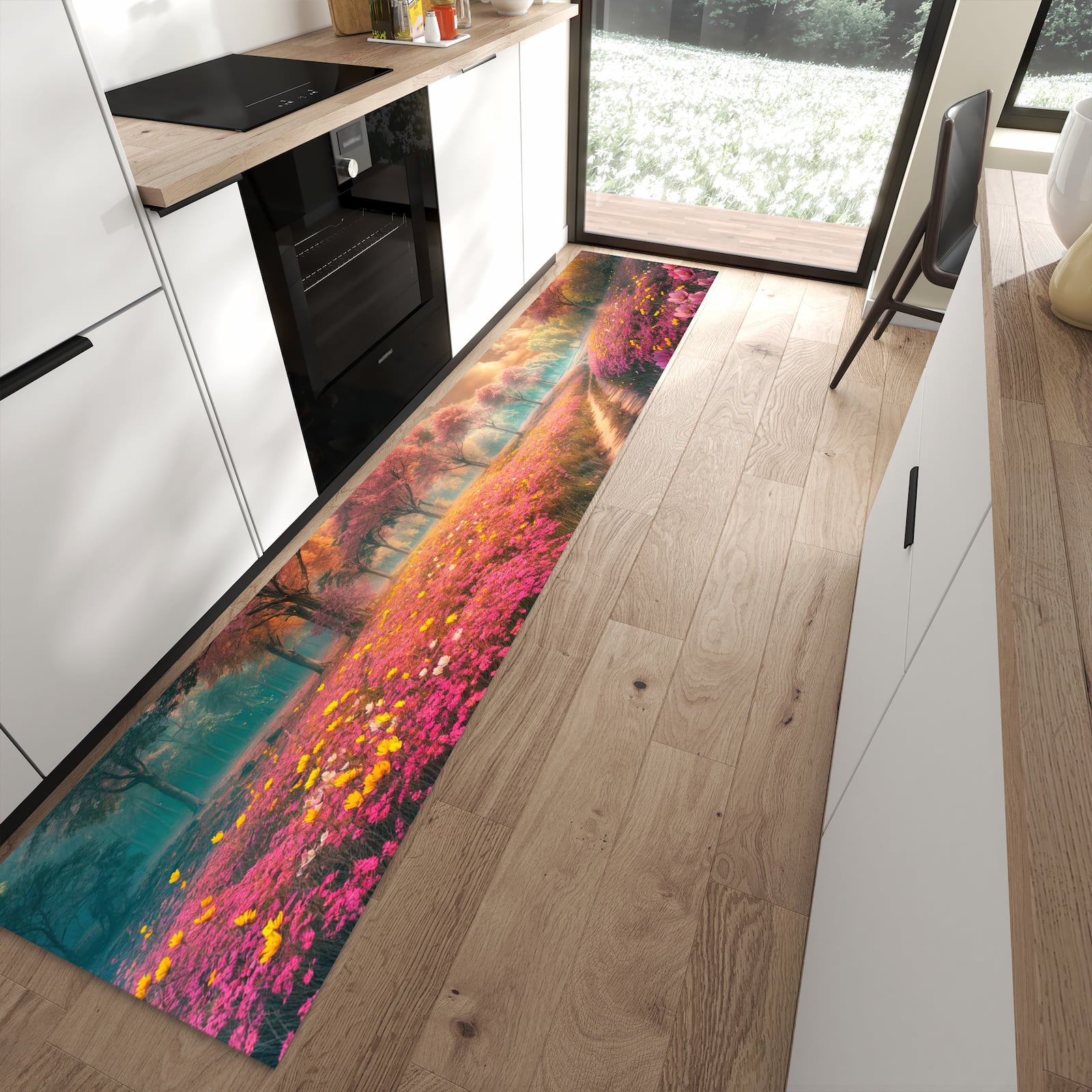 Geräuschdämpfender Teppich für Esstisch mit Motiv Blühender Weg in moderner Küche