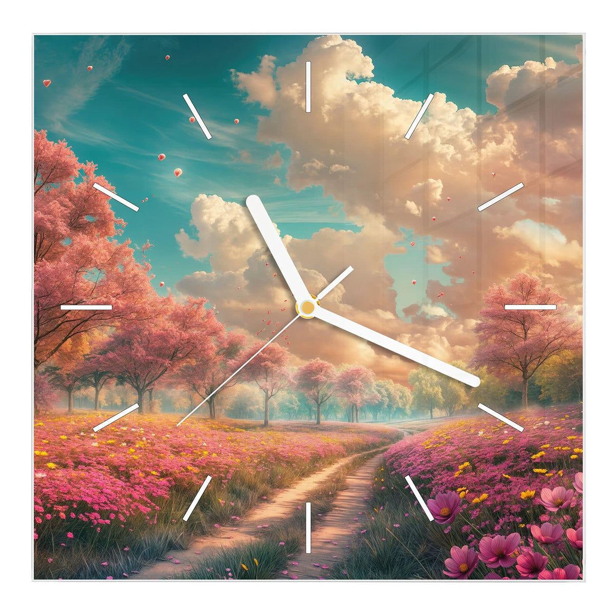 Wanduhr aus Glas, Ziffernblatt Linie mit Motiv Pfad durch Blütenfeld: Erdweg durch eine rosa Blumenwiese, links und rechts blühende Bäume unter Wolkenhimmel