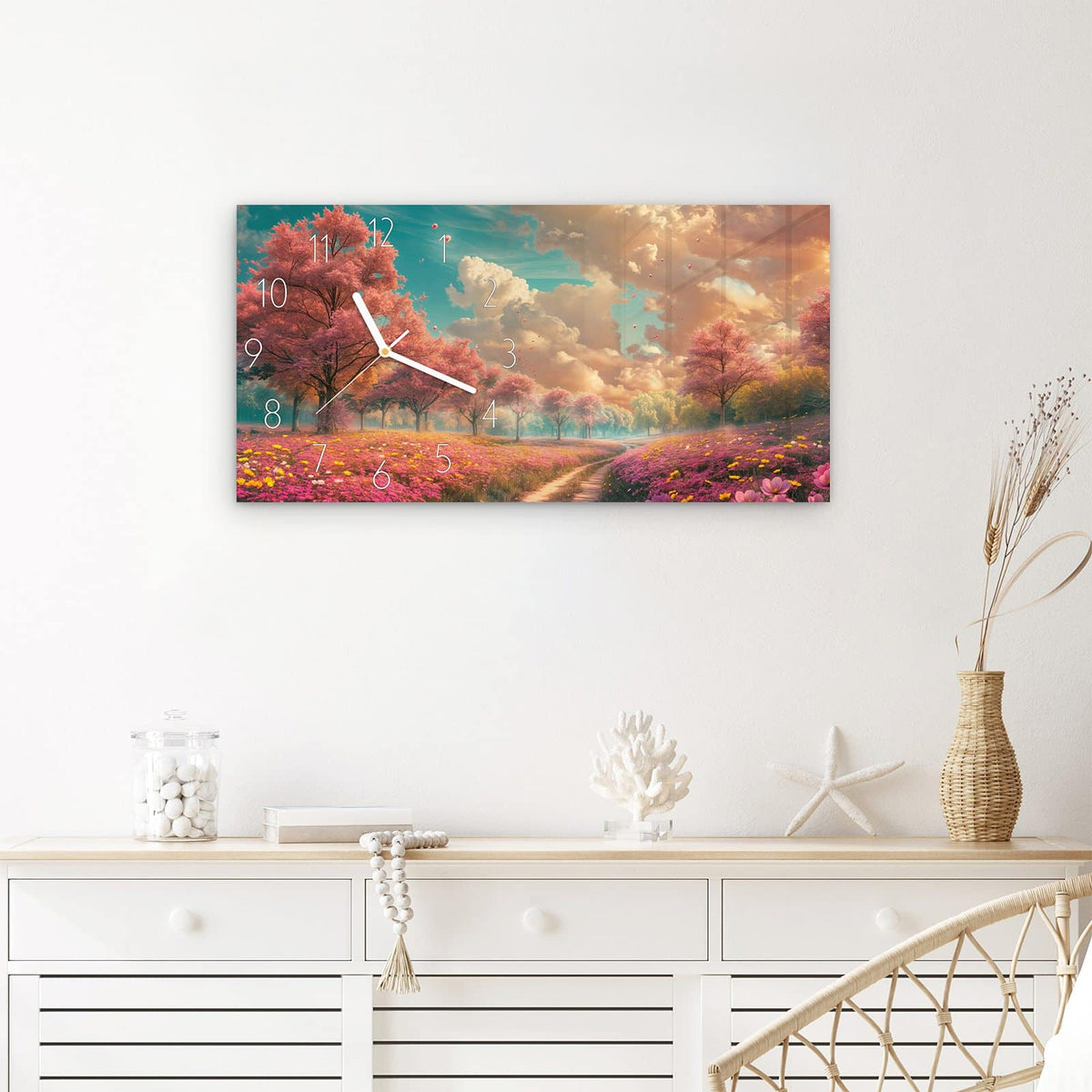 Wanduhr Blühender Weg aus Glas – Querformat 60 × 30 cm – Weg durch rosa Blütenbäume