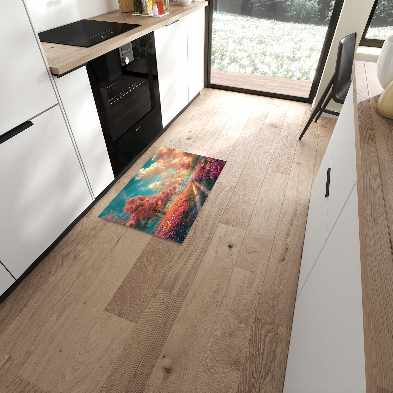 Abriebfester rutschfester Küchenteppich mit Motiv Blühender Weg in moderner Küche