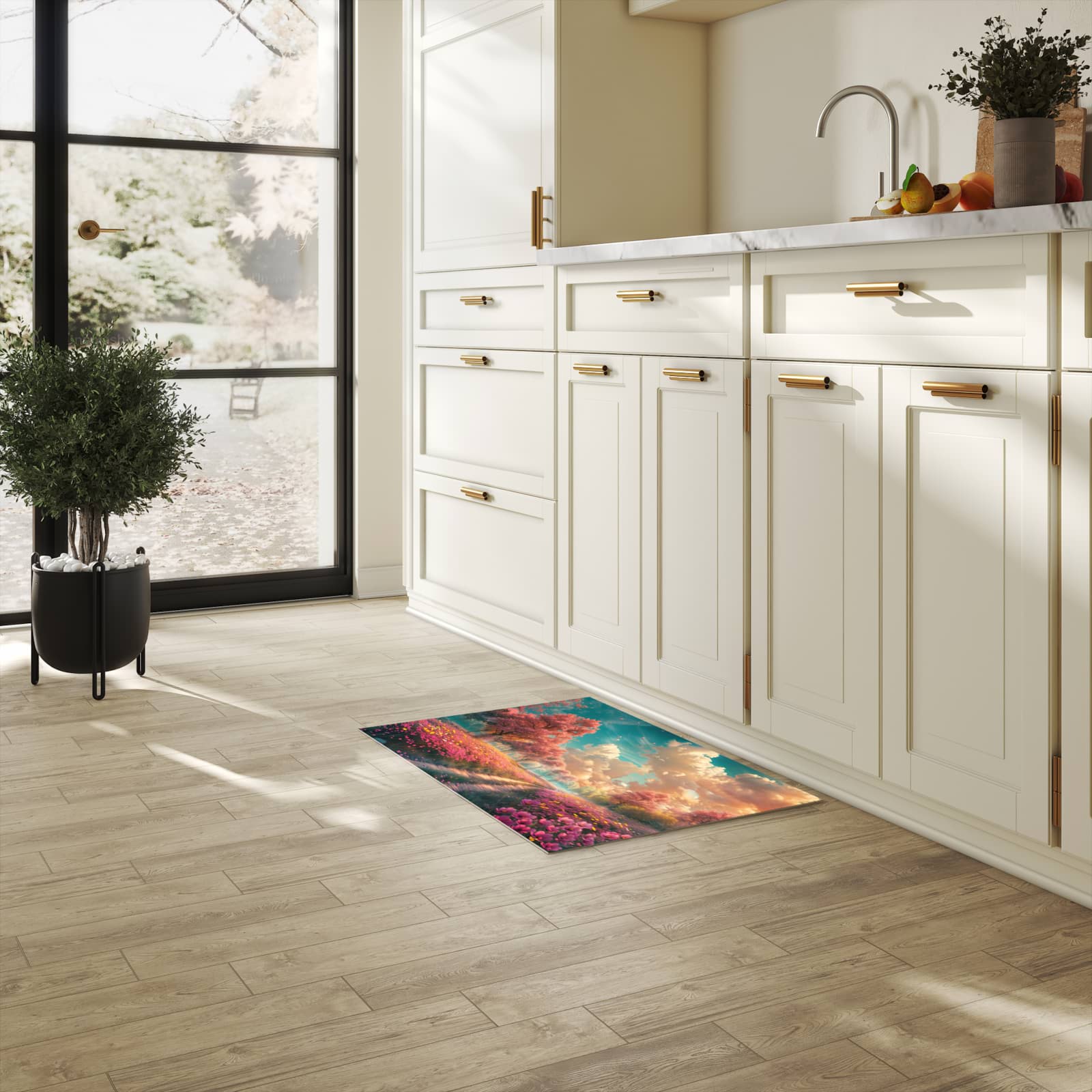Formstabiler Küchenläufer mit Motiv Blühender Weg in heller Küche