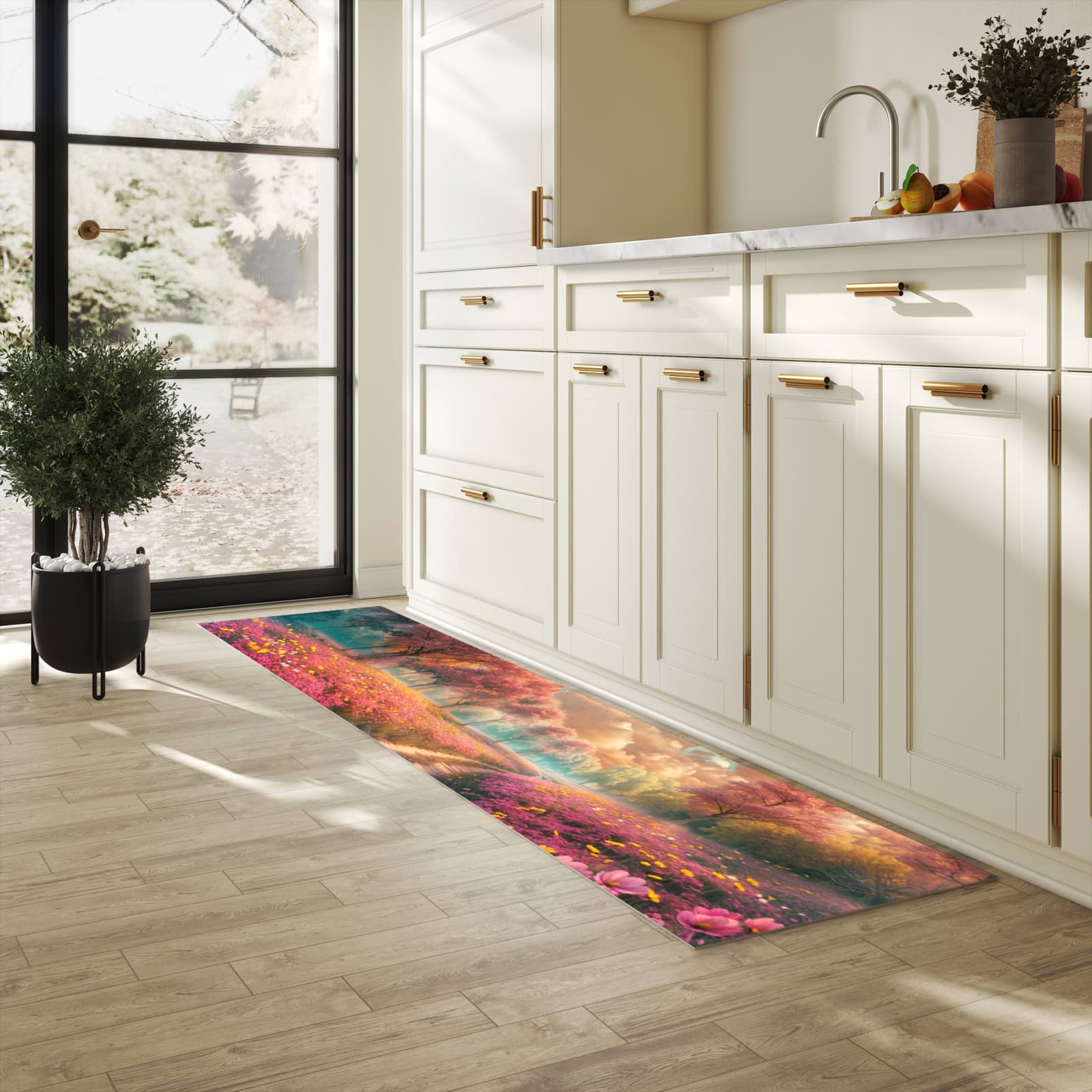 Bodenschonender Küchenteppich mit Motiv Blühender Weg in heller Küche