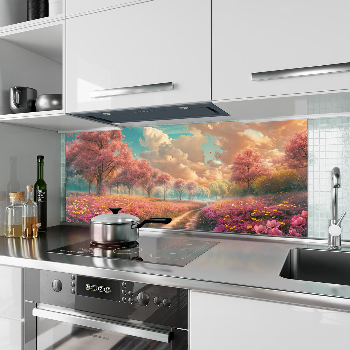 Küchenrückwand aus Glas Pfad durch Blütenfeld im Hochformat als Spritzschutz hinter dem Kochfeld, über dem Fliesenspiegel montiert