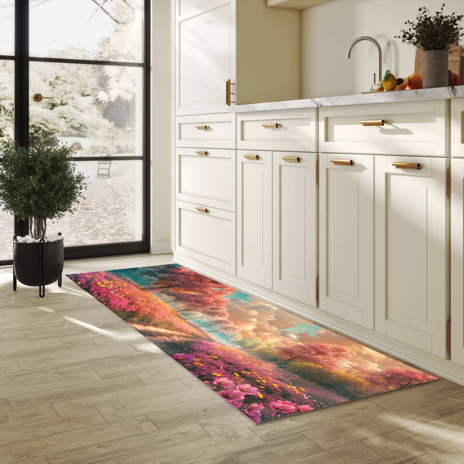 Zeitsparender Küchenteppich mit Motiv Blühender Weg in heller Küche
